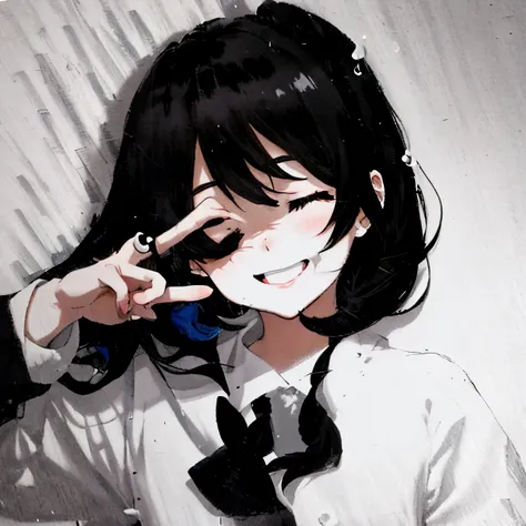 in the style of Chi no Wadachi, manga style, black and white, a girl standing, wearing a light shaded school uniform reaching making peace sign with fingers in front of eye, surrounded by darkness, black hair, shadow over eyes, hair in eyes, perfect hand, ...