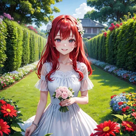 A girl with red hair, smiling face and wearing white frog dress in a colorful flower garden, looking at viewer in manga style