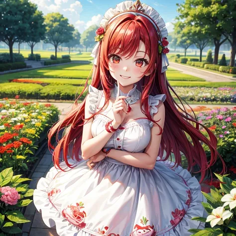 A girl with red hair, smiling face and wearing white frog dress in a colorful flower garden, looking at viewer in manga style