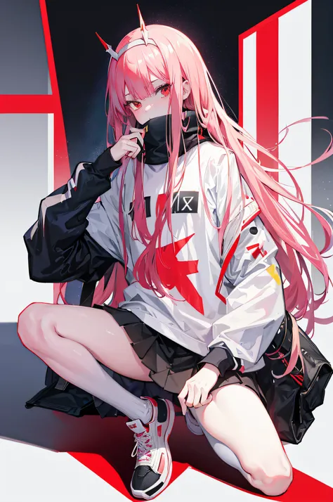 zero two from darling in the franxx anime, wearing streetwear, absurdres, high res, ultrasharp, 8k, masterpiece, aesthetic