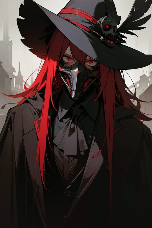 (best quality,4k,highres,masterpiece:1.2),ultra-detailed,portrait,dark,horror,man,plague doctor costume,black and red clothing,bright intense eyes,mysterious aura,creepy atmosphere,feathers,beak mask,old-fashioned hat,steampunk,evil doctor,medical tools,gl...