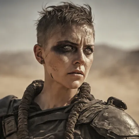 Furiosa,Mad Max,Mulher magra,short hair,rosto pintado,Meio preto,enormes olhos azuis,illustration,circunstanciado,rosto e olhos altamente detalhados,fundo do deserto,fierce expression,dystopians style,color grading:Contraste,low key lighting,Altas,arte con...