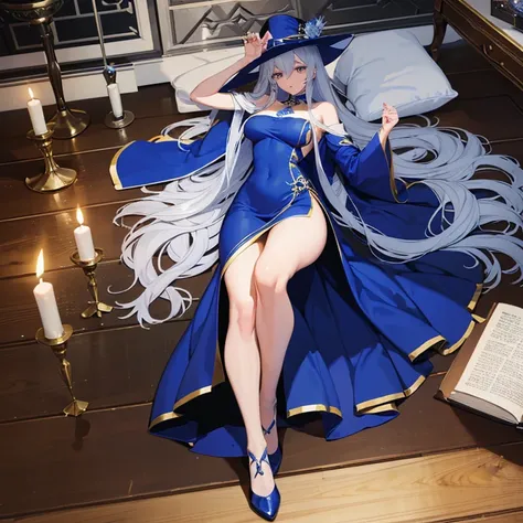 masuter piece　hight resolution　top-quality　married woman　Sorcerer　((blue royal dress))　(Big Wizard Hat)　Reflecting the whole body　he has a wooden cane in his right hand..　With long silver hair　Glamorous body　Library