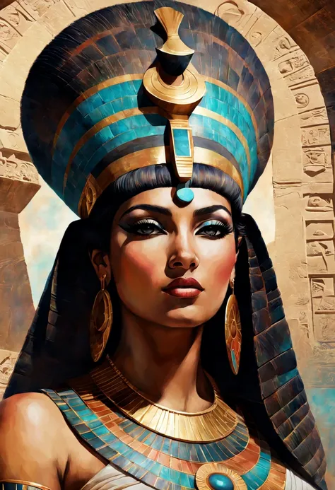 close-up, ancient egyptian fantasy, digital painting of cleopatra's close-up portrait, swathed in colorful gradient grunge, ador...