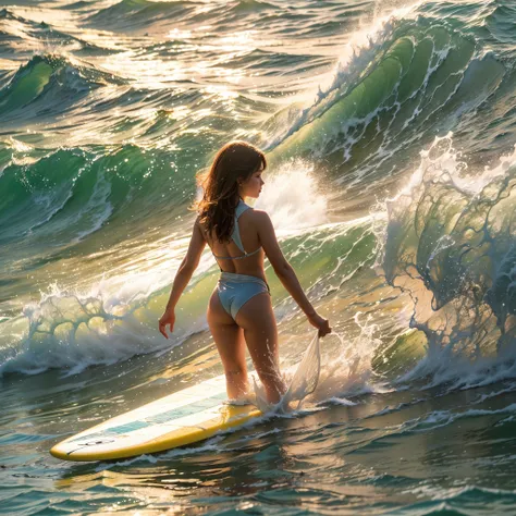 (8K, Original photography, Top image quality, masterpiece: 1.2), hyper HD, (Realistic, photorealistic: 1.38), realisticlying, A high resolution, back lighting. Tiny Girls, Girl surfing、glistening ivory skin, back lighting, standing on the waves, surfing, s...