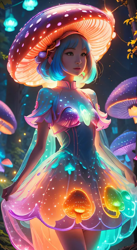 (meilleur qualité, ultra-détaillée, 16k, couleurs vives, Bokeh) le corps est entièrement constitué de champignons Champignons bioluminescents, une fille aux champignons, couleurs éclatantes, fantaisie, Créatures magiques, spores colorées et vaporeuses, ill...