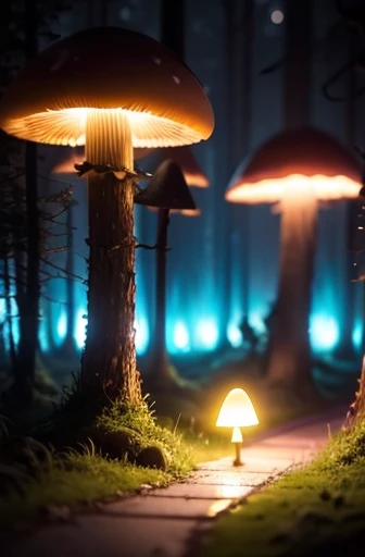 cute teen walk through the glowing mushrooms forest