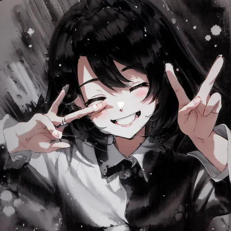 in the style of Chi no Wadachi, manga style, black and white, a girl standing, wearing a light shaded school uniform reaching making peace sign with fingers in front of eye, surrounded by darkness, black hair, shadow over eyes, hair in eyes, perfect hand, ...