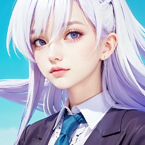 A girl with realistic long white purple hair, (same realistic hairstyle), realistic pretty+cute face, realistic cool expression, adapt equally realistic clothes,realistic light, realistic shadows, realistic background, good image quality, very good image r...