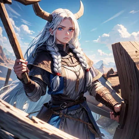 Create a tall and very strong Viking with long platinum hair with some braids big blue eyes carrying a large ax to collect firewood in Siberia