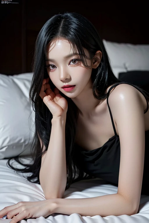 Aespa Karina with short black dress, lying on the bed, with sexy face, long black hair, grey bed colour, detail lighting, detail skin, ultra high res.photorealistic:.1.4,UHD