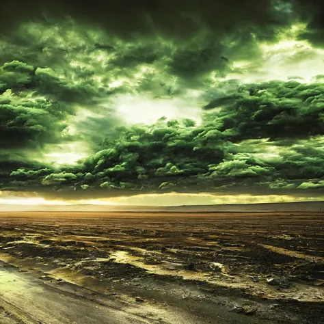 post apocalypse scene, huge hurricane, fundo verde e amarelo, atmosfera brasileira