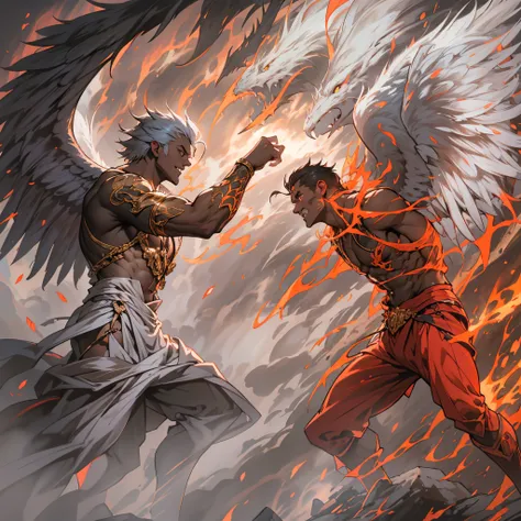 angel vs demonio,pulso de fuego,lucha de brazos,prueba de fuerza,el cielo vs el infierno,lucha maganime,alas de agel blancas,ala...