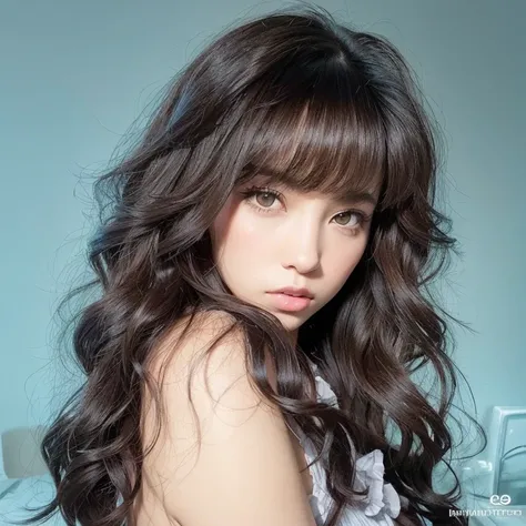 Hay una mujer con el pelo largo posando para una foto, ulzzang, auburn hair with bangs, Cabello negro ondulado con flequillo, brown long hair with bangs, Pelo largo con flequillo, Cabello largo con flequillo completo, flequillo esponjoso, Cabello limpio co...