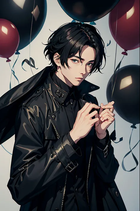 an elegant anime man, black hair, modern black trench coat, black baloons, lots of baloons