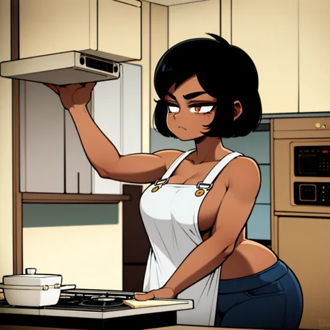 busty,tomboy look, curvy,tan,short jet black hair,aloof expression,star like eyes,kitchen, currently cooking food