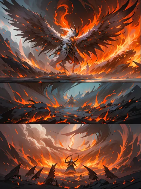 best quality,highres,(realistic,photo-realistic),(detailed,detailed:detailed:1.1),battle of might,(intense,fierce,epic),(clash,showdown),firepower,(powerful,strong),heaven and hell,(struggle,conflict),(dark,ominous),battle of the elements,angelic wings,dem...