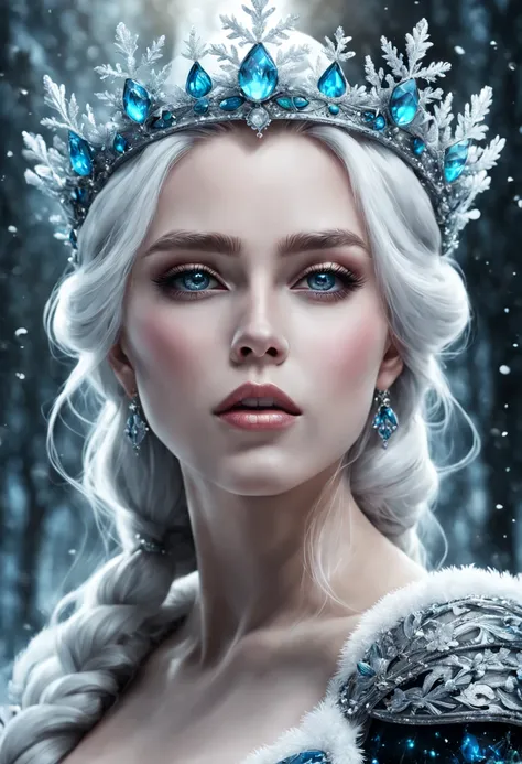 the winter is near, surreal painting of a beautiful winter spirit, gorgeous winter body, pale skin, glowing white eyes, white ey...