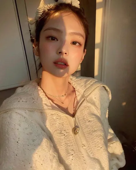 Arafed woman with a white sweater and a necklace on, Blackpink Jennie, Jinyoung Shin, Heonhwa Choe, Gemma Chen, Lulu Chen, Jaeyeon Nam, Imagen filtrada, Taejune Kim, with the sun shining on him, foto de perfil, Jiyun Chae, ulzzang, Parque Ji-min, sin maqui...