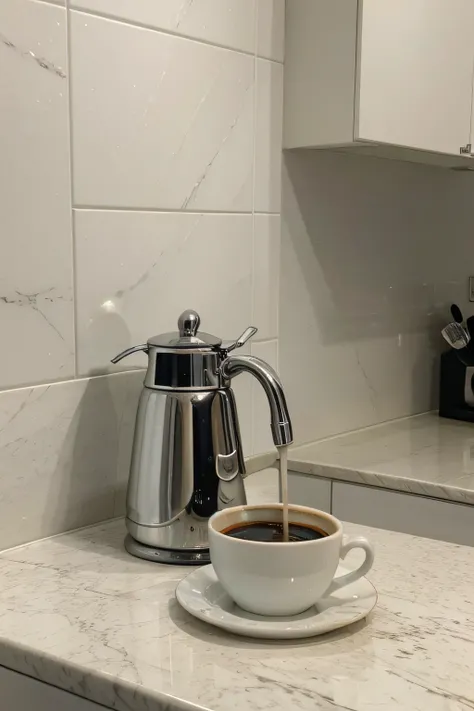 Em uma cozinha amadeirada com offwhite，There is a white table in front，There&#39;s a chrome faucet on the kitchen sink。，There are some cookies on the side。There is a cup of coffee on the right side of the coffee machine，。There are some coffee beans scatter...