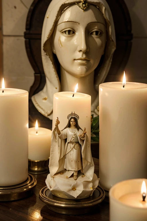 Soft images of lit candles, flowers and an image of Our Lady of Fátima