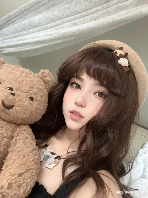 hay una mujer sosteniendo un osito de peluche y usando un sombrero, ulzzang, auburn hair with bangs, brown long hair with bangs, brown hair and bangs, Retrato realista kawaii, Sakimichan, Articulated doll with ball, Peinado kawaii, Linda chica kawaii, pelu...