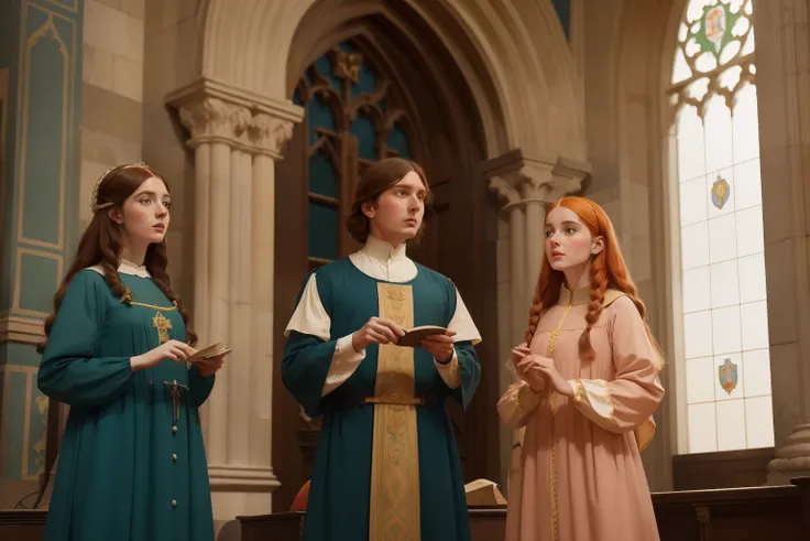 1136, England. Pre-raphaelite scene with an otherworldly cathedral, guests with long colorful tunics look up at the dome in awe, ((((clothing from the 12th century)))), ((Hairstyle of the 12th century)), ((Wes Anderson cinematic style)), colorful