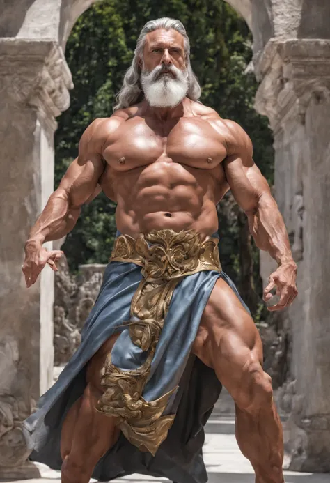 Zeus king of the gods, male, 50 years old, large blue eyes, long grey hair, short grey beard, bodybuilder, huge defined pecs, large areolas, large nipples, grey pubic hair, perfect hands, perfect feet, perfect cock, location mount olympus, ((masterpiece)),...