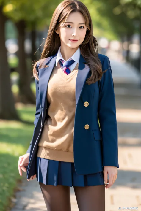 School uniform,pantyhose,Cute,mature youngster,Super,Full body,nice perfect face with soft skin perfect face,gorgeous long wavy brown-haired,8K resolution,Ultra-realistic,Ultra-detailed,hightquality,huge-breasted:1.7)