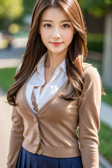 School uniform,pantyhose,Cute,mature youngster,Super,Full body,nice perfect face with soft skin perfect face,gorgeous long wavy brown-haired,8K resolution,Ultra-realistic,Ultra-detailed,hightquality,huge-breasted:1.7),Emphasizes cleavage,