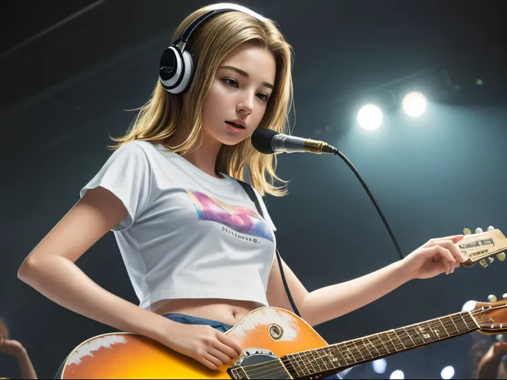 top quality 32k raw photo of 18-year-old Emily VanCamp wearing white T shirt and jeans skirt and headphone. navel look. she is on the disco stage playing guitar. colorful lights,