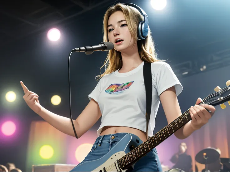 top quality 32k raw photo of 18-year-old Emily VanCamp wearing white T shirt and jeans skirt and headphone. navel look. she is on the disco stage playing guitar. colorful lights,