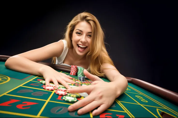 a woman is smiling while playing roulette at a casino table, she is smiling and excited, jogo, online casino logo, assumindo o controle enquanto sorri, Shutterstock, jogar poker, incredible depth, she is smiling and happy, ela expressando alegria, gambles ...