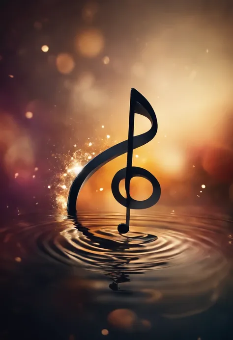 An artistic representation of a musical note floating in mid-air, surrounded by abstract elements such as swirls or bursts of color, creating a visually stunning composition