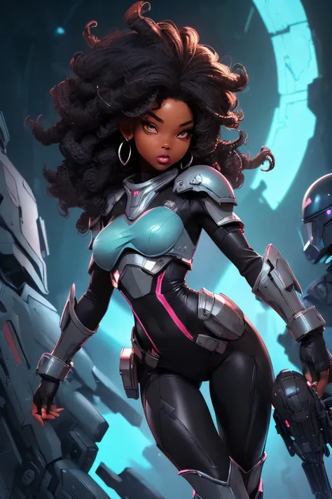 (((sfw, sexy black girl, medium breasts, black skin, slim body))), sci-fi, cropped armor, full body dynamic action pose, spacesh...