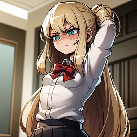 Angry,human girl,arms crossed,petite body,long flowing blonde hair, looking away from POV,glare,black school uniform, short skirt,thick legs, blushing face, embarrassed expression, flat nonexistent breast,tiny a cup breast