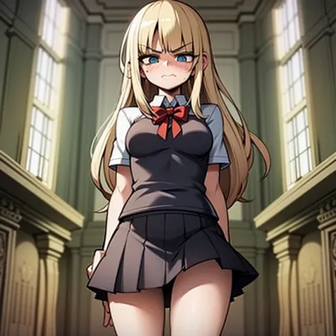 Angry,human girl,arms crossed,petite body,long flowing blonde hair, looking away from POV,glare,black school uniform, short skirt,thick legs, blushing face, embarrassed expression, flat nonexistent breast,tiny a cup breast