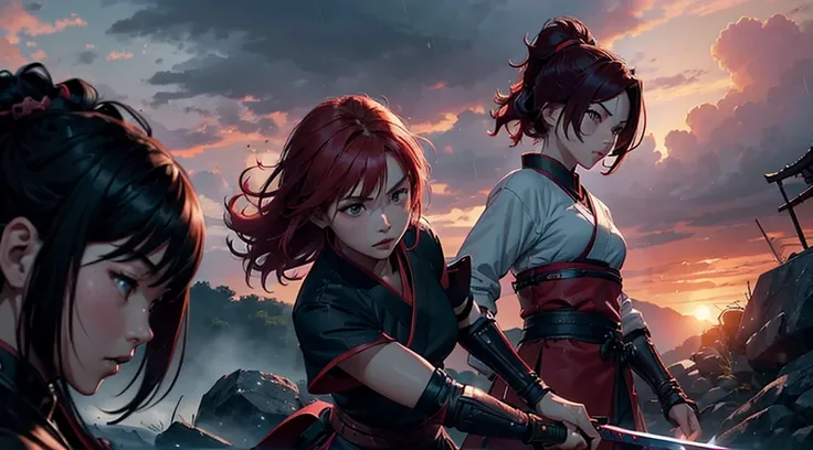 (((Three girls))) A red hair female samurai, fighting with her sword against a short black hair female Ninja, and a pink hair Chinese girl is fighting with both girls too, they are all fighting against each other in this Ancient Asian battlefield, dark clo...