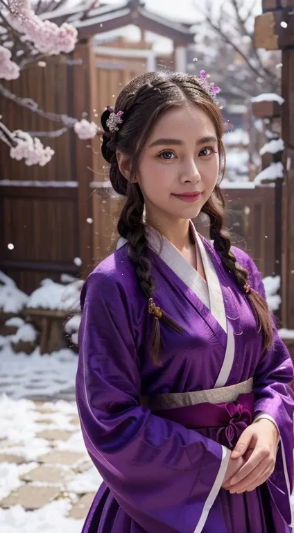 Bright purple Taoist robe, Hanfu long skirt, big eyes, masterpiece absolute beauty, 1 woman, close-up. Close-up, healing smile, snow scene, 4K picture quality, twisted braid, princess hairstyle princess cut, simple hair accessories, plum blossoms, people c...