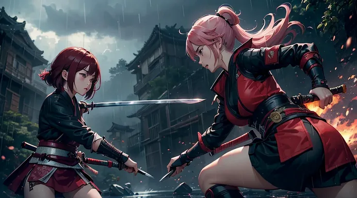 (((Three girls duel))) A red hair female samurai, fighting with her sword against a short black hair female Ninja, and a pink hair Chinese girl is fighting with both girls too, they are all fighting against each other in this Ancient Asian battlefield, dar...