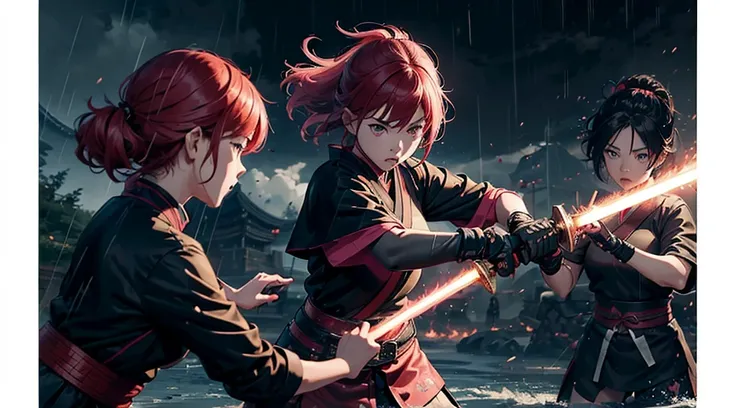 (((Three girls duel))) A red hair female samurai, fighting with her sword against a short black hair female Ninja, and a pink hair Chinese girl is fighting with both girls too, they are all fighting against each other in this Ancient Asian battlefield, dar...