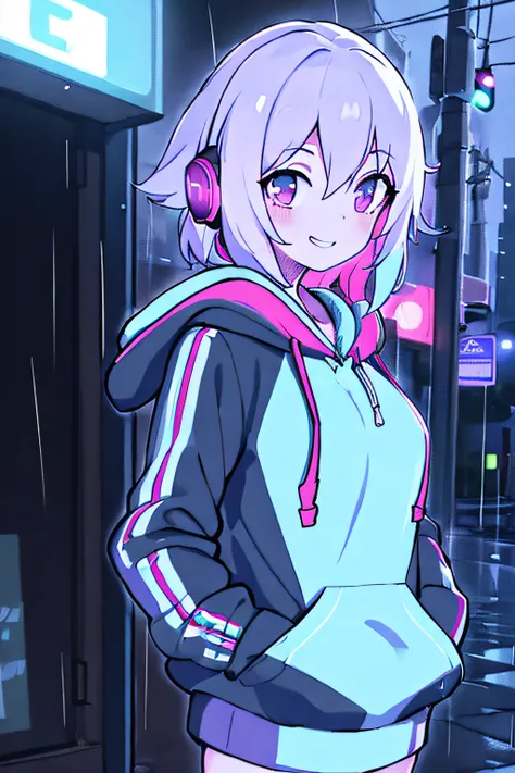 masterpiece,1girl,solo,incredibly absurdres,hoodie,headphones, street,outdoors,rain,neon lights, light smile, hood up, hands in pockets, looking away, from side