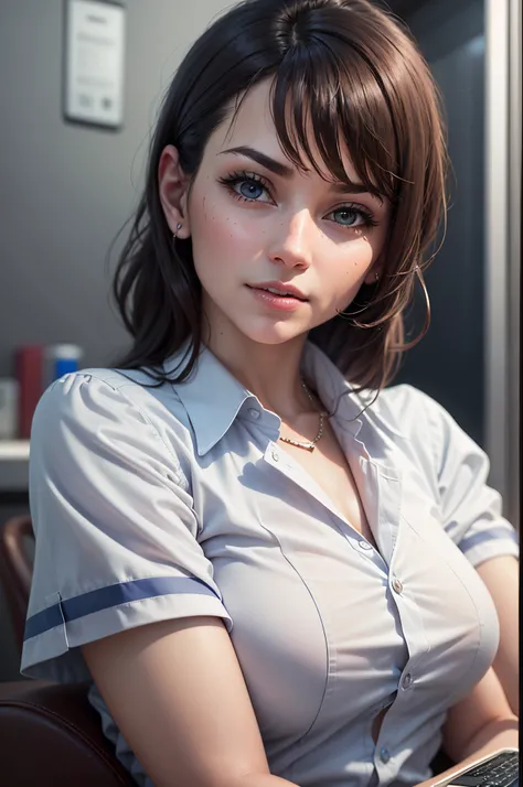 Create a realistic image of a human secretary, selling a lot on her cell phone, she works in a dental clinic, she sells high-priced treatments. High quality image. --auto --s2