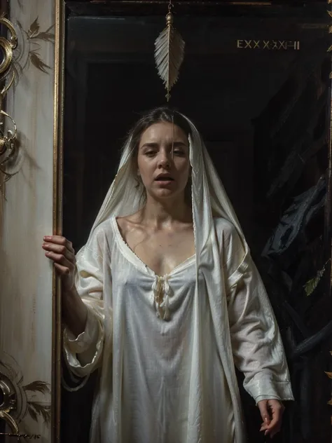 ghostlystyle, ghostdarksouls, (ghost, spirits), (ghostly hair), (oil painting), woman, medium shot, (palms pressed against canvas), ghostly body, (detailed clothes), ghost in background, spirit energy, trapped in a haunted oil painting, hyperrealism, ghost...