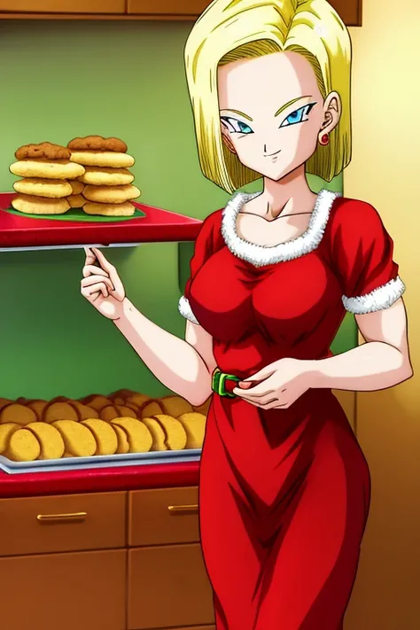 android18, 1girl, solo, breasts, smile, short_hair, blue_eyes, blonde_hair, christmas dress jewelry, medium_breasts, earrings, standing at kitchen and bakes cookies.