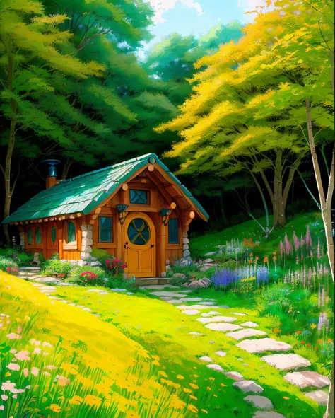 Realistic, real life, beautiful hobbit house on the hill, style of laurie greasley, studio ghibli, akira toriyama, james gilleard, genshin impact, trending pixiv fanbox, acrylic palette knife, 4k, vibrant colors, devinart, trending on artstation