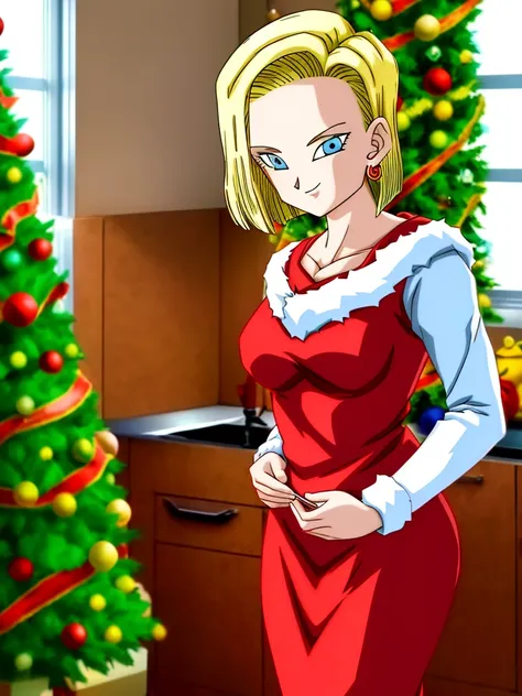 android18, 1girl, solo, breasts, smile, short_hair, blue_eyes, blonde_hair, christmas dress jewelry, medium_breasts, earrings, bakes cookies in the kitchen, in the background Christmas decorations, Christmas tree, through the window you can see Bear