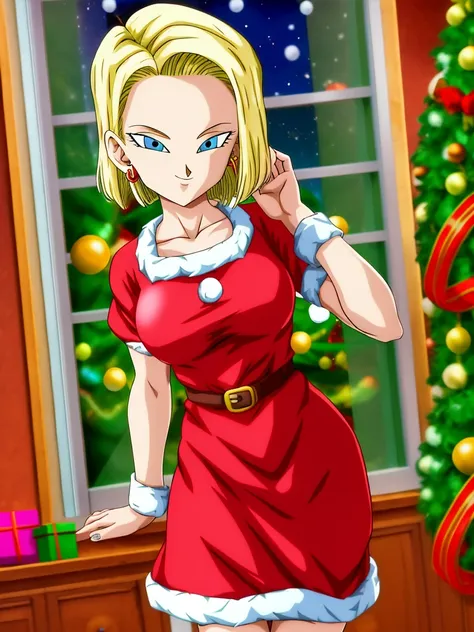 android18, 1girl, solo, breasts, smile, short_hair, blue_eyes, blonde_hair, christmas dress jewelry, medium_breasts, earrings, bakes cookies in the kitchen, in the background Christmas decorations, Christmas tree, through the window you can see Bear