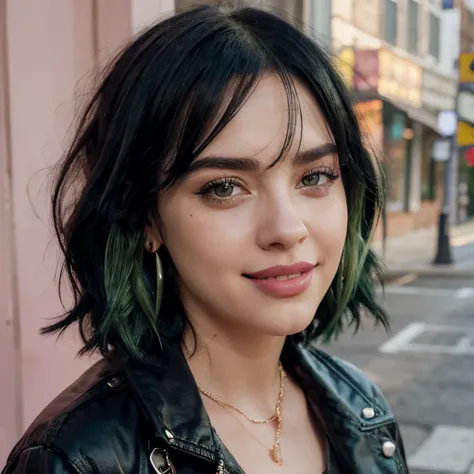 Billie Eilish, gloss lipstick, eyeliner, eyeblush, cheekblush, pretty, cute, adorable, medium bob, age 30, stylish jacket, laughing, green and black hair, earrings