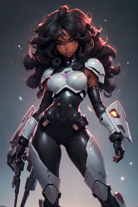 (((sfw, sexy black girl, medium breasts, black skin, slim body))), sci-fi, cropped armor, full body dynamic action pose, spacesh...